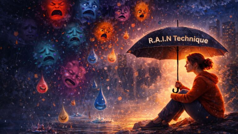 Illustration of a woman using the R.A.I.N. technique to work with difficult emotions, symbolized by emotional faces falling like rain while she remains grounded and protected..