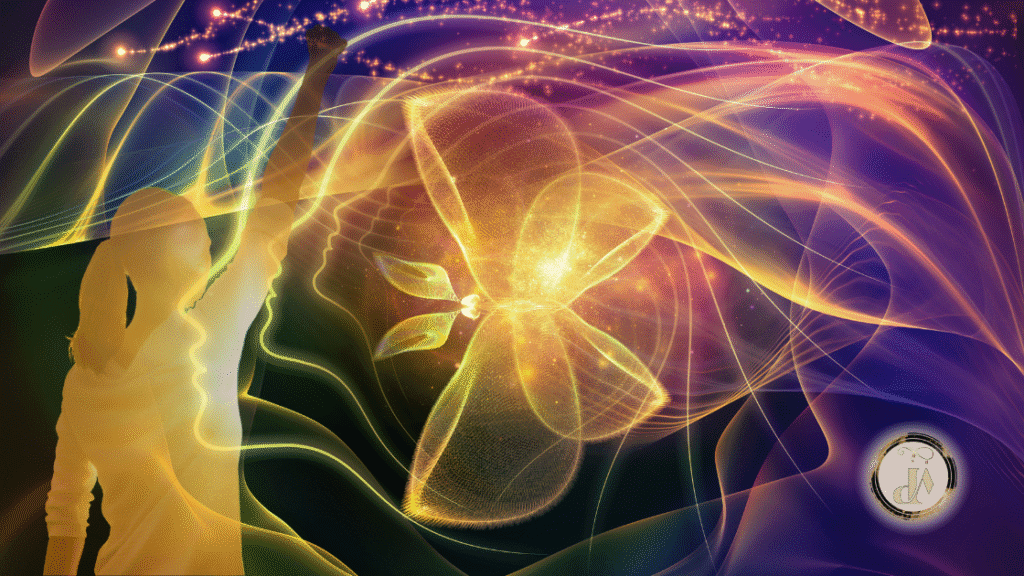 Abstract visualization of a confident woman reaching upward with a glowing butterfly, symbolizing transformation and self-confidence.