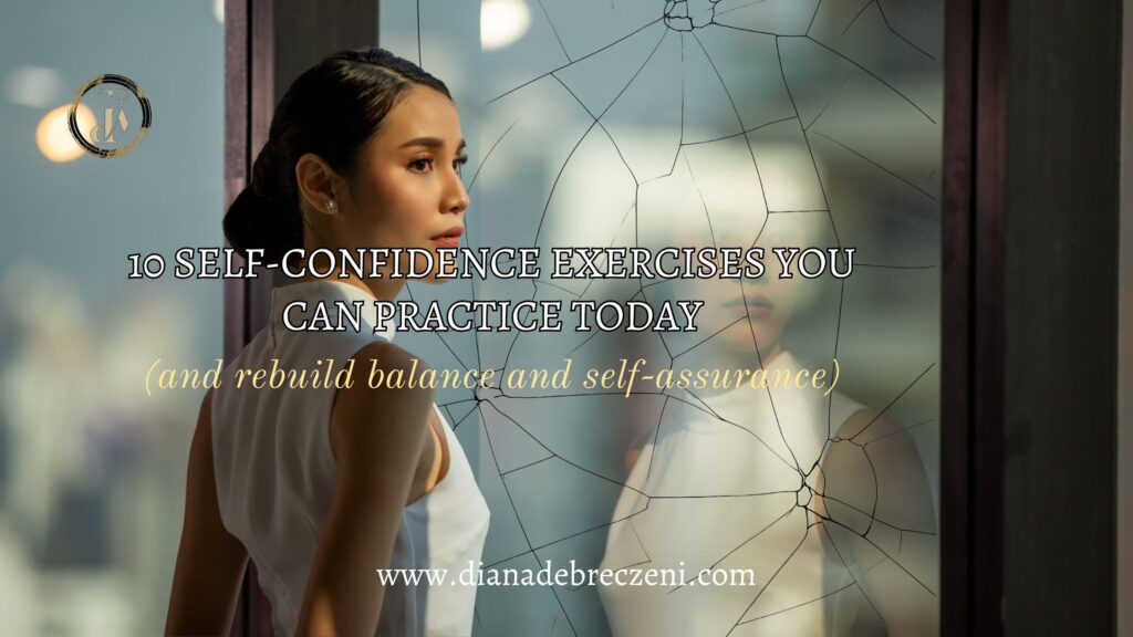 A woman standing in front of a cracked mirror, facing her reflection with quiet strength — a metaphor for rebuilding self-confidence.