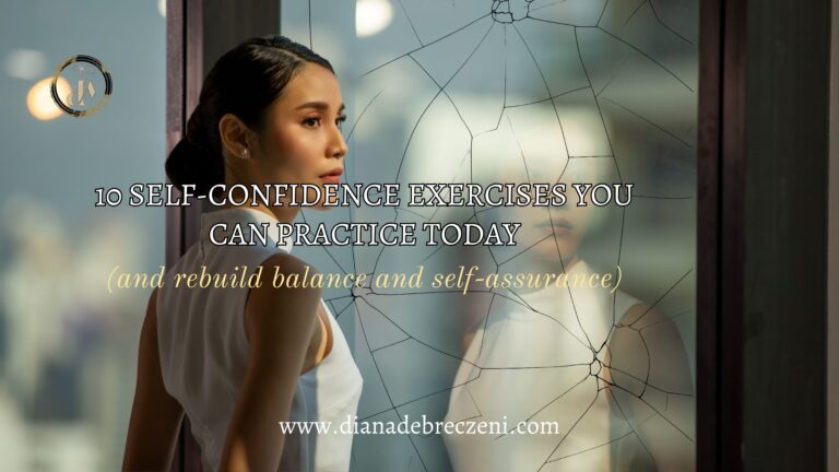 A woman standing in front of a cracked mirror, facing her reflection with quiet strength — a metaphor for self-confidence. exercises to rebuild balance and self-assurance.