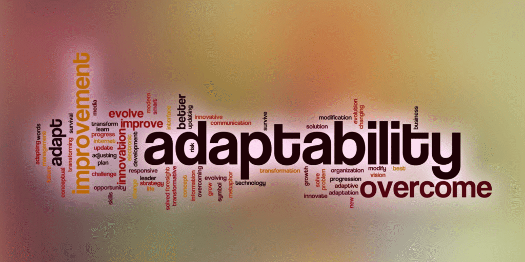 A colorful word cloud centered on the word “adaptability,” surrounded by related terms like improvement, innovation, and overcome, symbolizing flexibility and growth.