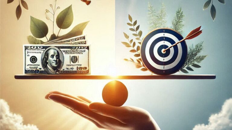 Balanced scale showing money and a target, representing financial harmony tips focused on intentional goals.