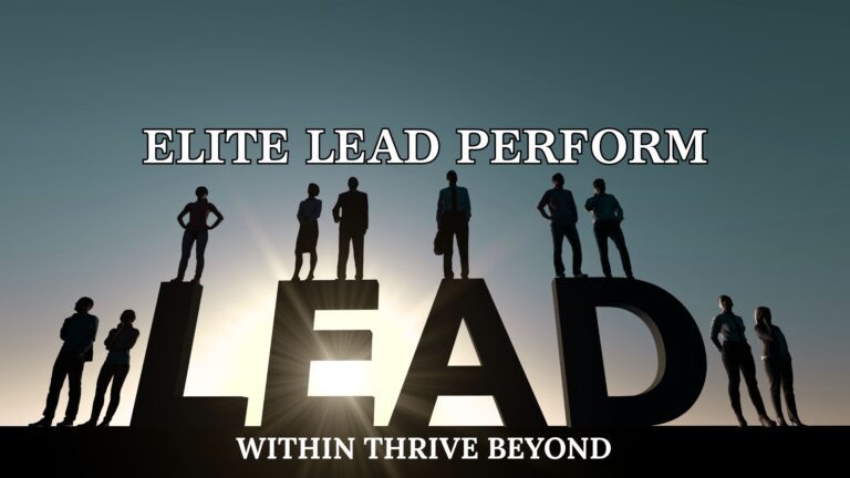 ELITE LEAD PERFORM Silhouettes of professionals standing on large letters spelling LEAD, representing leadership and growth.