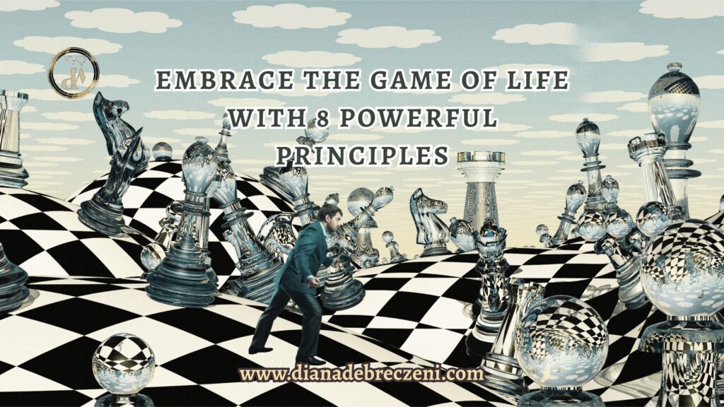 A surreal chessboard landscape with reflective glass chess pieces and a man in a suit walking forward, symbolizing personal growth, self-awareness, and strategic thinking in life. The text overlay reads “Embrace the Game of Life.
