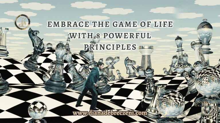 A surreal chessboard landscape with reflective glass chess pieces and a man in a suit walking forward, symbolizing personal growth, self-awareness, and strategic thinking in life. The text overlay reads “Embrace the Game of Life.
