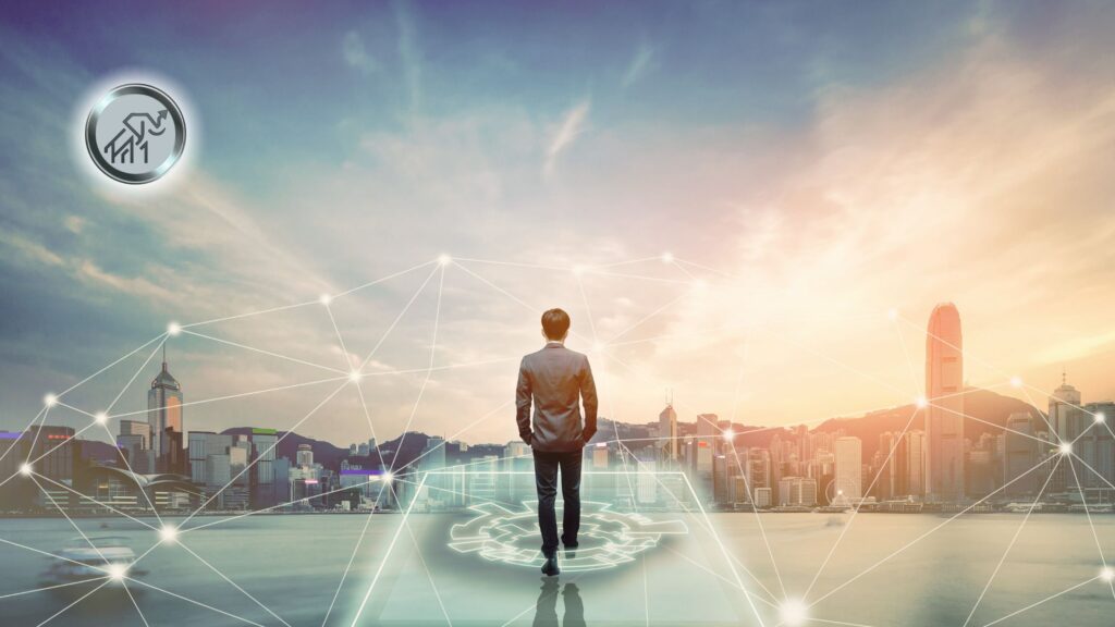 INGENIOUS ENTREPRENEUR A man standing on a connected cityscape network, symbolizing diverse online ventures and innovation.
