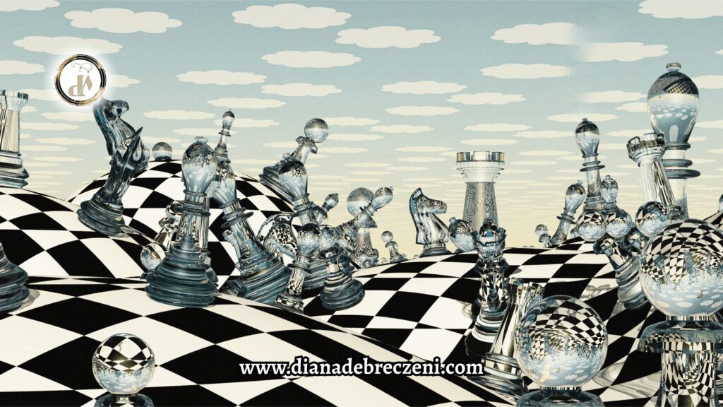 A surreal chessboard landscape with reflective glass chess pieces and a man in a suit walking forward, symbolizing personal growth, self-awareness, and strategic thinking in life. The text overlay reads “Embrace the Game of Life.