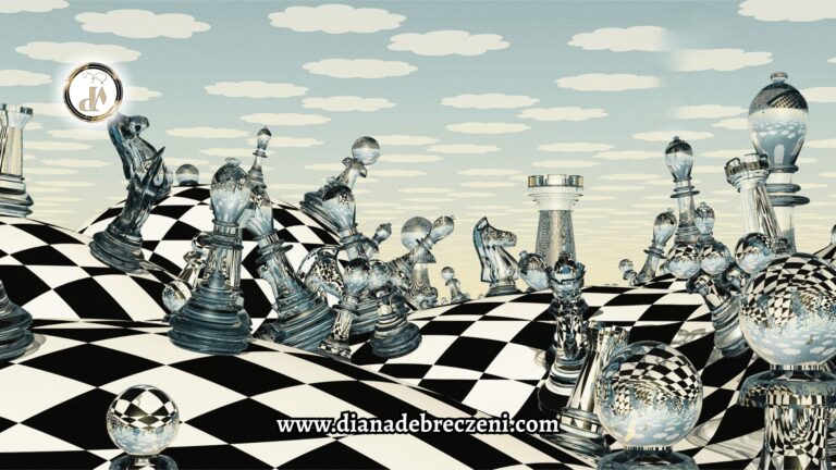 A surreal chessboard landscape with reflective glass chess pieces and a man in a suit walking forward, symbolizing personal growth, self-awareness, and strategic thinking in life. The text overlay reads “Embrace the Game of Life.