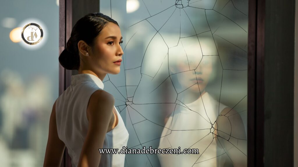 A woman standing in front of a cracked mirror, facing her reflection with quiet strength — a metaphor for self-confidence. exercises to rebuild balance and self-assurance.