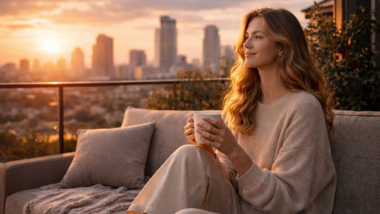 A woman sitting calmly at sunset, holding a cup of tea and reflecting, symbolizing peace over happiness and inner calm without pressure.