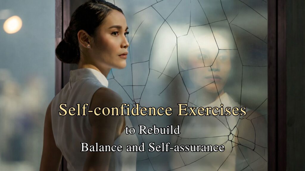 A woman standing in front of a cracked mirror, facing her reflection with quiet strength — a metaphor for self-confidence. exercises to rebuild balance and self-assurance.