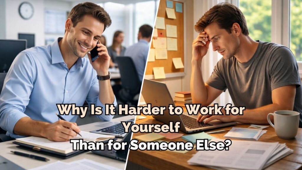 Why Is It Harder to Work for Yourself Than for Someone Else? Split image showing a man confidently working in an office while speaking on the phone and another man working alone at home, looking stressed and overwhelmed at his desk.