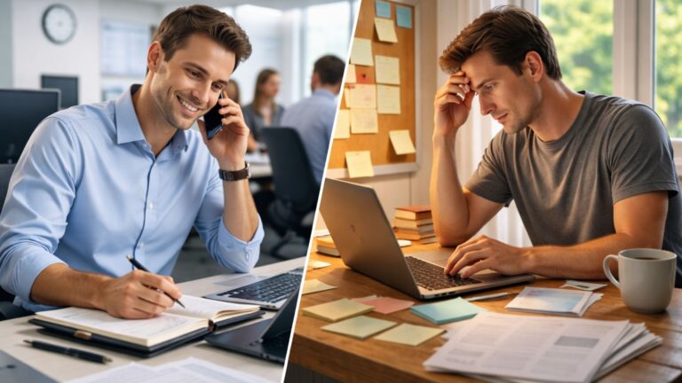 Why Is It Harder to Work for Yourself Than for Someone Else? Split image showing a man confidently working in an office while speaking on the phone and another man working alone at home, looking stressed and overwhelmed at his desk.