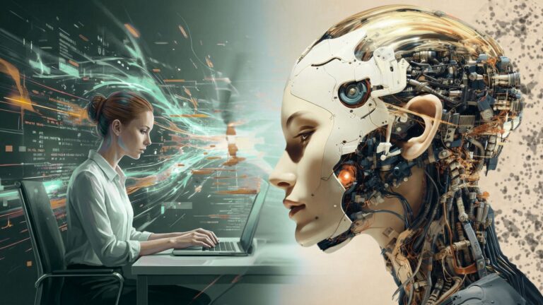 Human interacting with AI interface showing the AI impact on human experience through thinking and behavior.