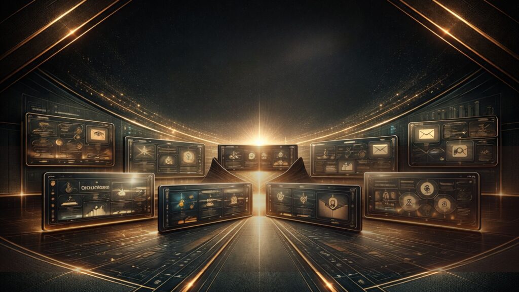 Futuristic digital workspace with multiple screens and light beams, symbolizing a platform redesign with clearer structure and direction.