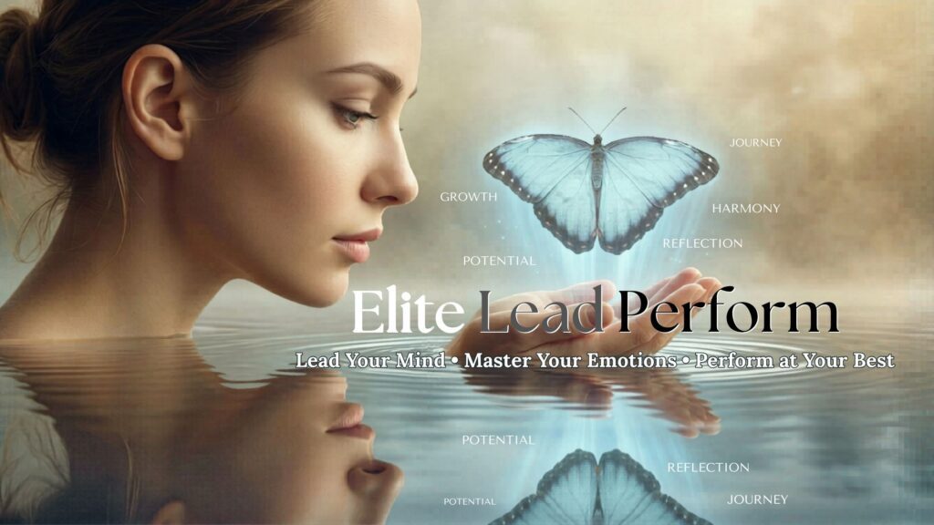 Artistic image of a person gazing into water and a butterfly, symbolizing self-reflection, clarity, and personal growth connected to the coaching approach of Elite Lead Perform