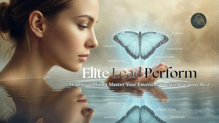 Artistic image of a person gazing into water and a butterfly, symbolizing self-reflection, clarity, and personal growth connected to the coaching approach of Elite Lead Perform