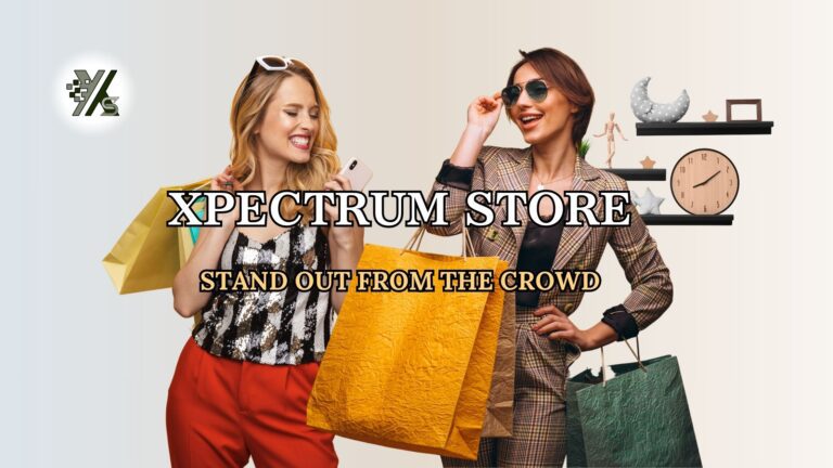 Two stylish women shopping with colorful bags, representing Xpectrum Store’s “Stand Out from the Crowd” message.