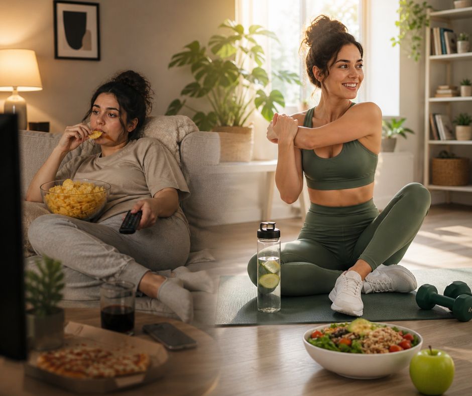 Split image contrasting a woman eating junk food on a couch watching TV with a fit woman stretching on a yoga mat surrounded by healthy food and dumbbells, representing behavioral change