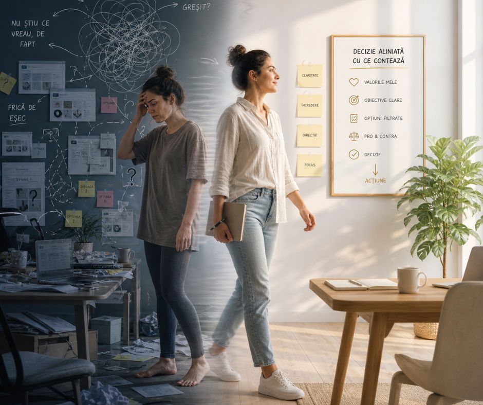Split image of a woman overwhelmed by a chaotic, cluttered environment transforming into a confident woman in a calm, organized space with a clear decision-making framework on the wall