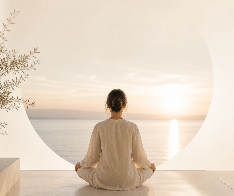 Woman sitting in lotus pose facing a calm ocean at sunrise, framed by a circular arch and an olive branch, symbolizing emotional clarity and mindfulness