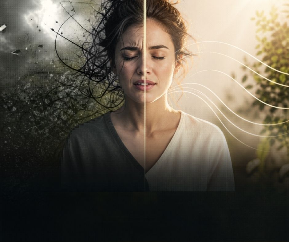 Woman with closed eyes visually split between chaos and calm, symbolizing emotional resilience and inner transformation