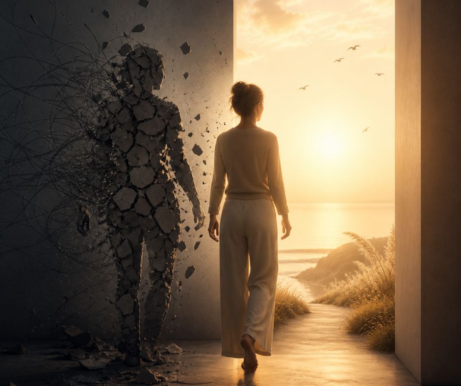 Woman walking barefoot through an open doorway toward a golden sunset over the ocean, leaving behind a crumbling stone figure representing her old identity and limiting beliefs
