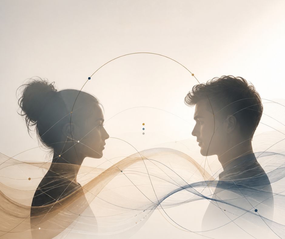 Silhouettes of a woman and a man facing each other, connected by flowing waves and geometric lines, symbolizing emotional connection and relationship dynamics
