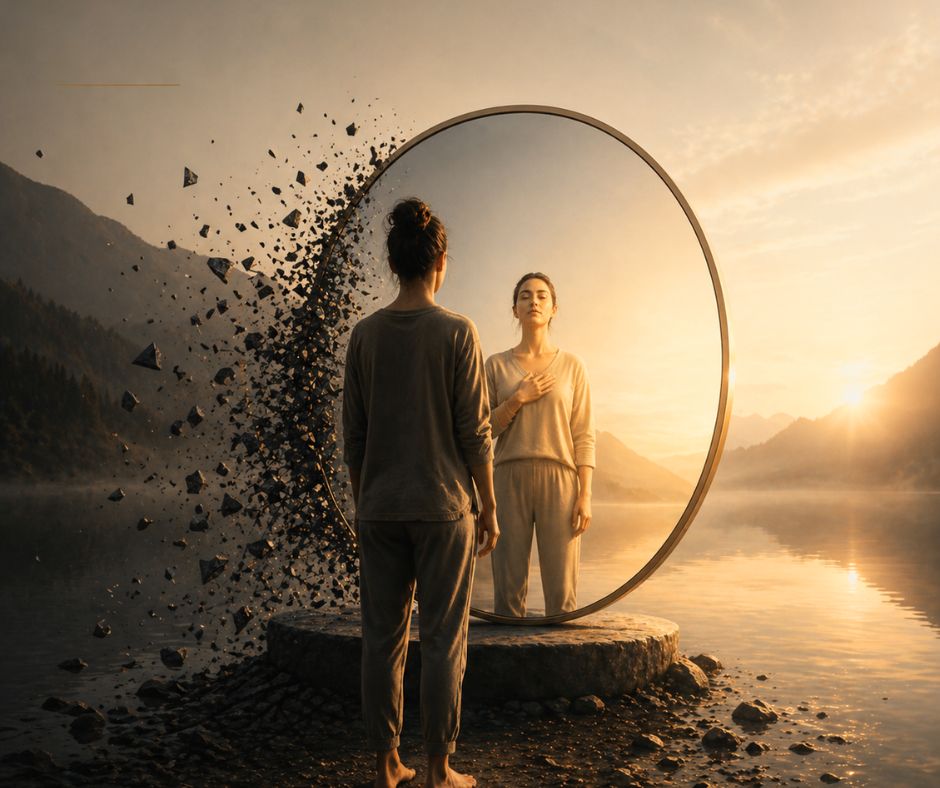 Woman standing before a circular mirror at sunset, her reflection showing a calm, confident version of herself with hand on heart, while dark fragments shatter and dissolve around her
