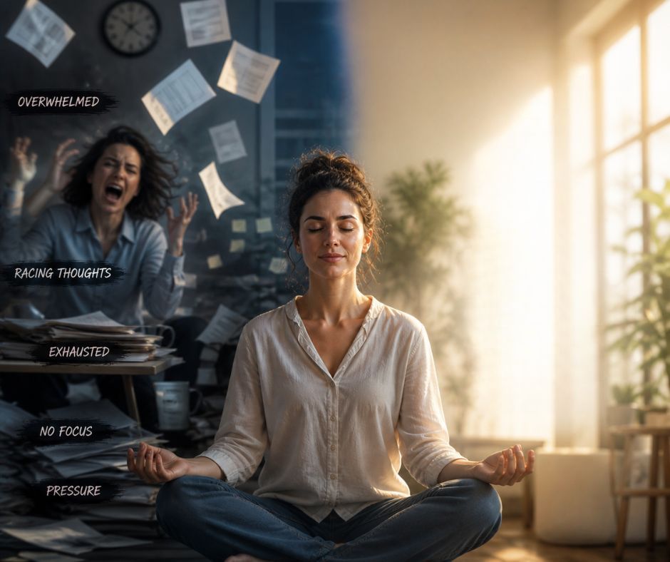 Woman meditating in lotus pose in a bright room, contrasted with a chaotic background showing stress, overwhelm, racing thoughts, and exhaustion
